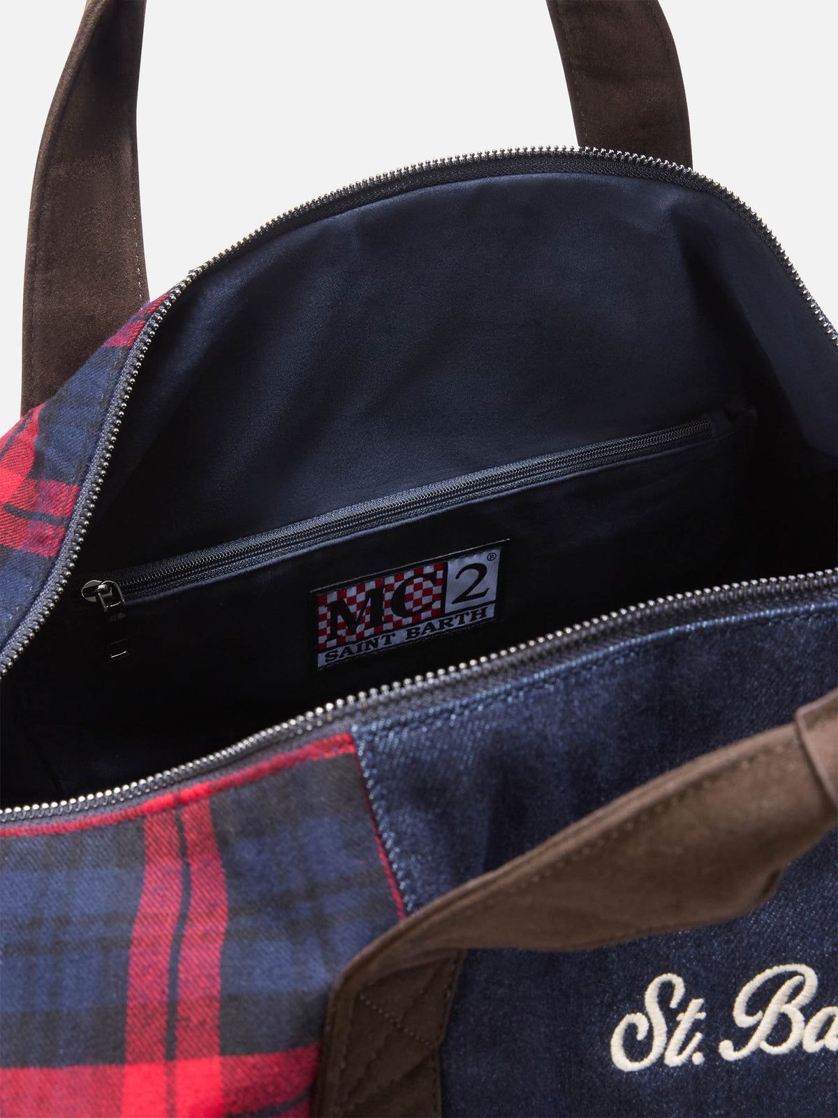 Jetleg duffle bag with patchwork denim and tartan and faux leather trims