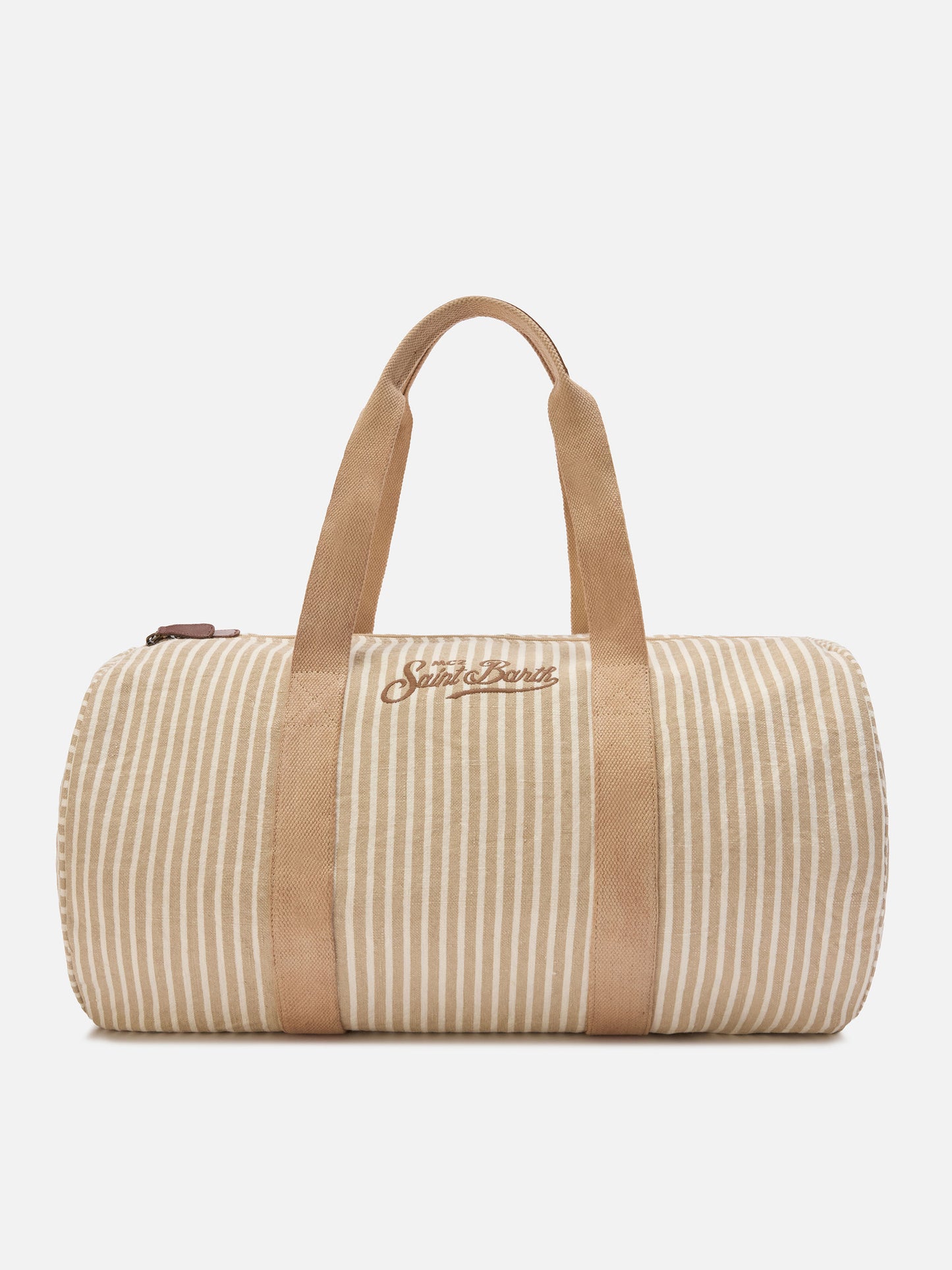 Round Jetleg beige and white striped linen weekender
