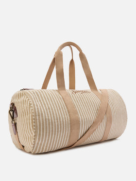 Round Jetleg beige and white striped linen weekender