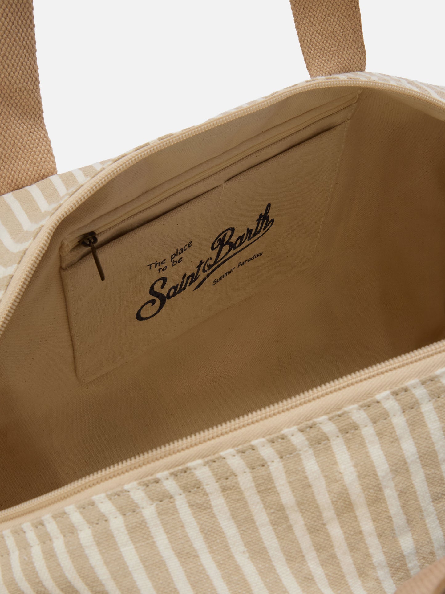 Round Jetleg beige and white striped linen weekender