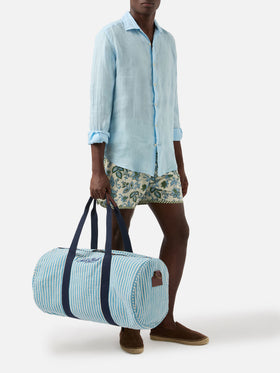 Round Jetleg blue and white striped linen weekender