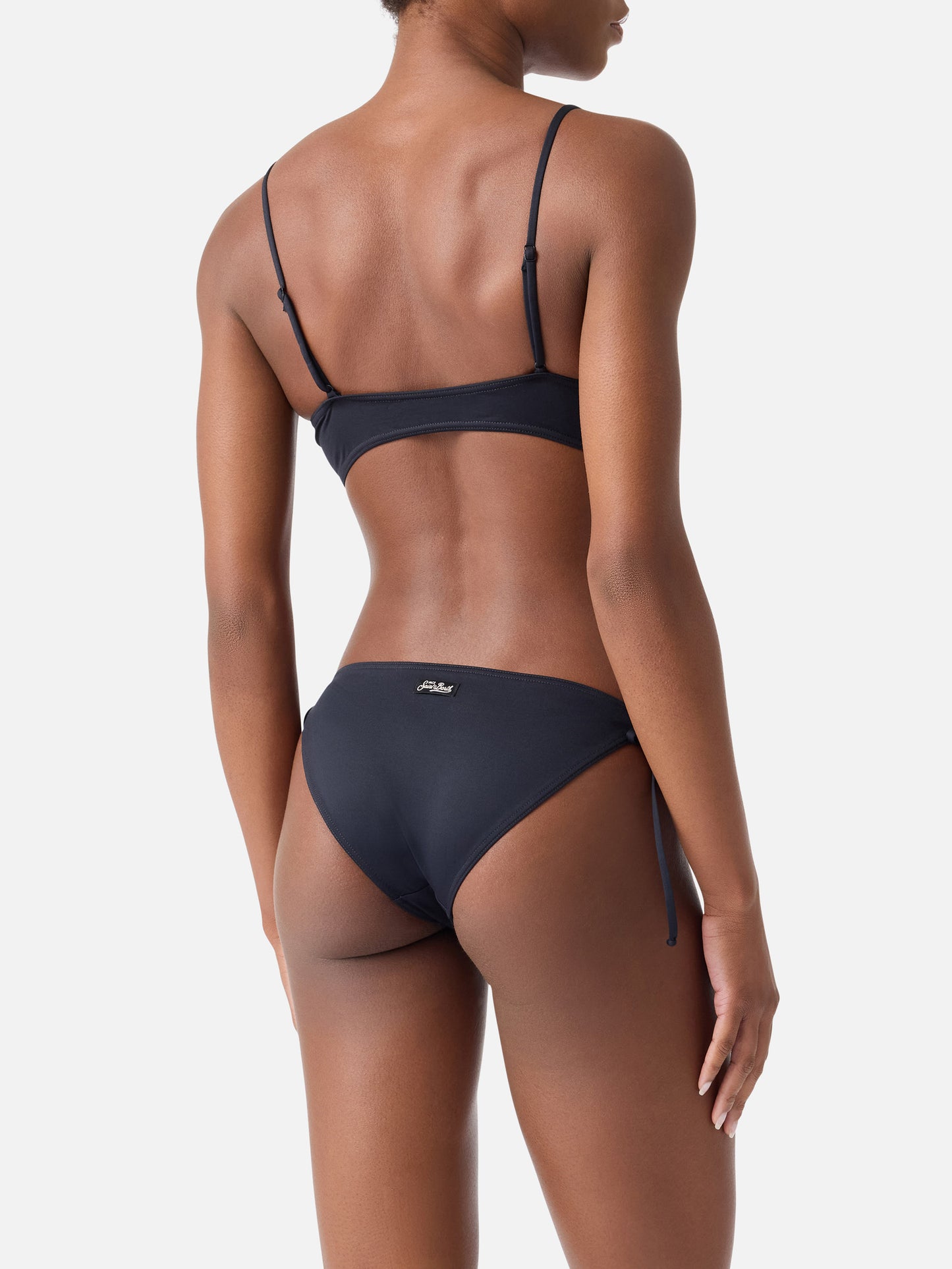 Judy Virgo schwarzes Bralette-Bikini mit Bindebändern 