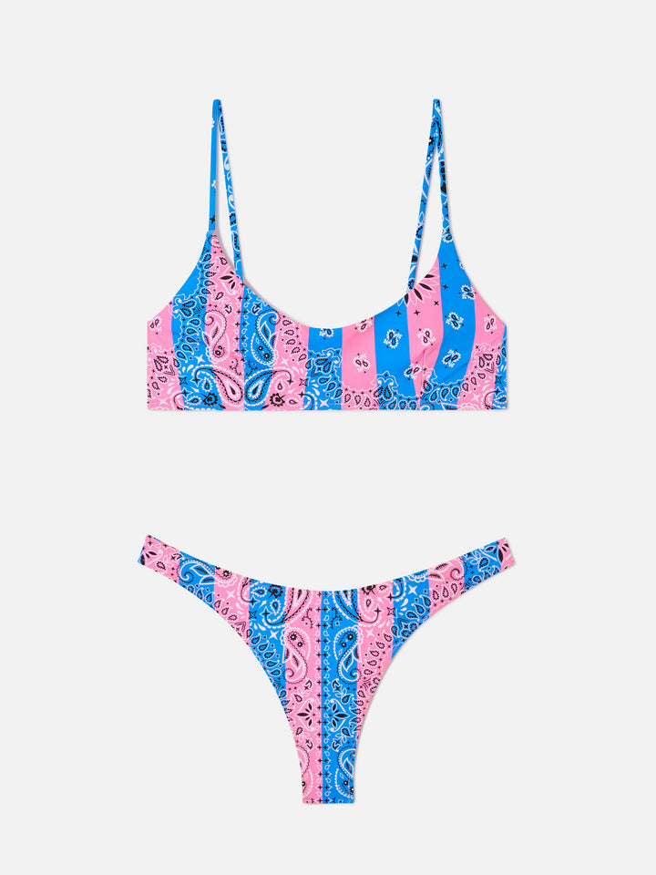 Bikini Judy Naomi bralette stampa bandana righe azzurro polvere e rosa
