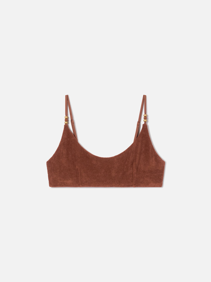 Braunes Judy Frottee-Bralette-Bikinioberteil mit Charms 