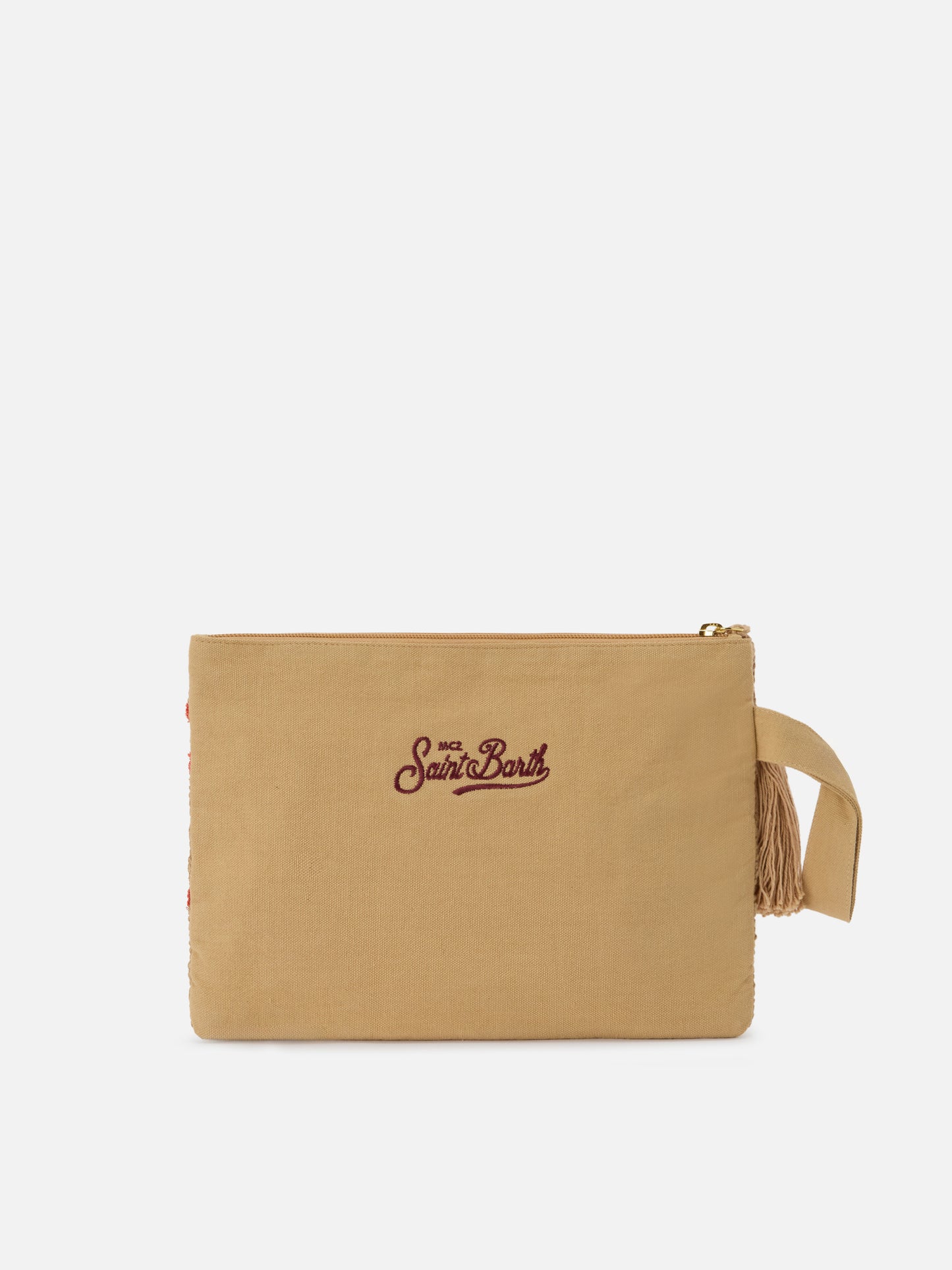 Pochette in juta con fantasia corallo ricamata