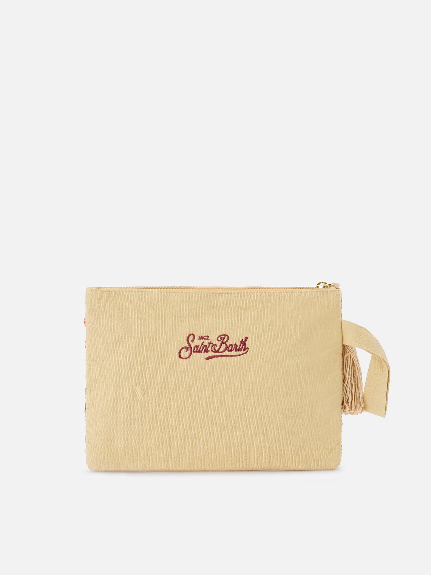 Pochette in juta con fantasia corallo ricamata