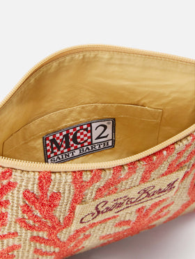 Pochette in juta con fantasia corallo ricamata
