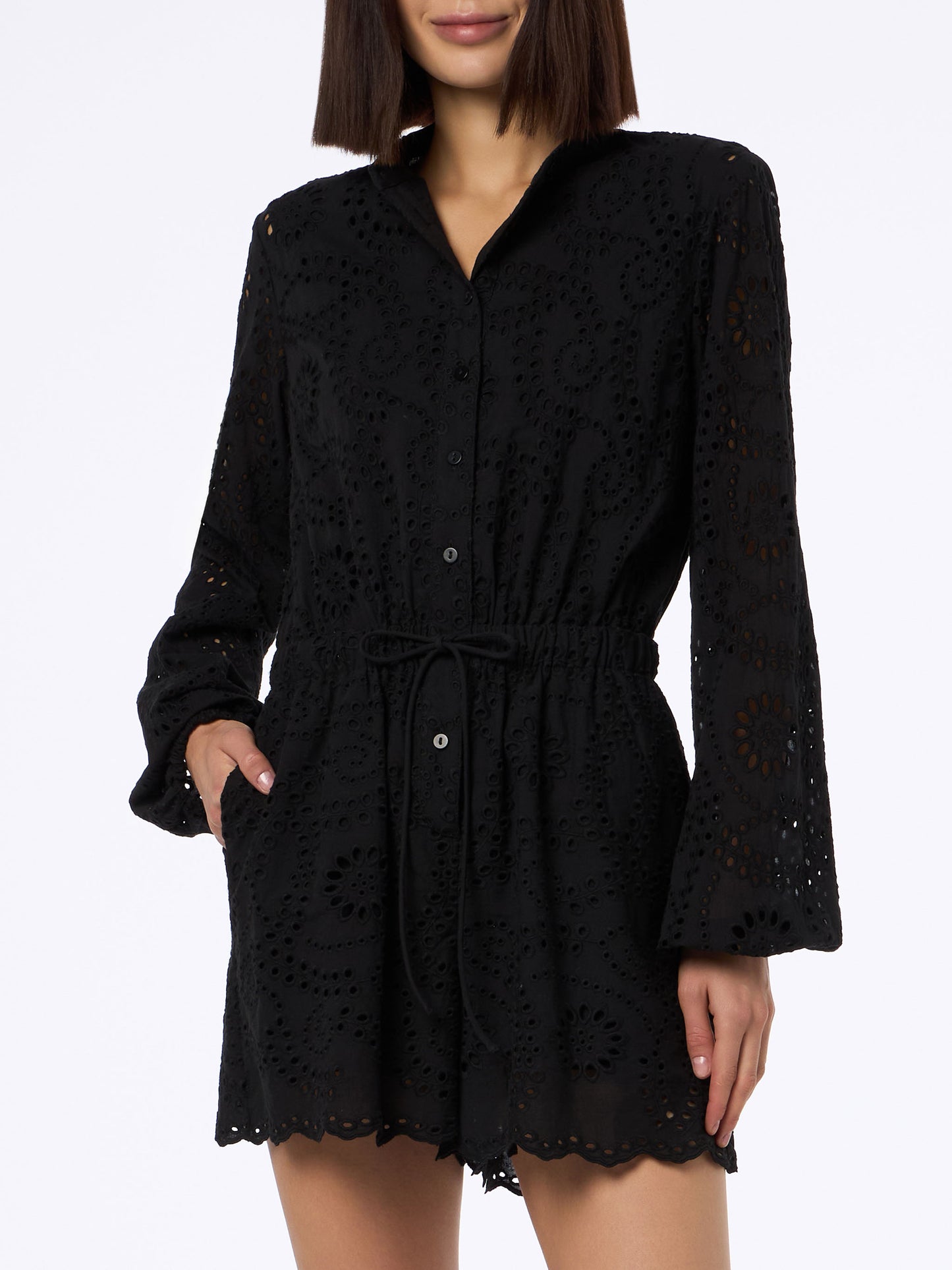 Woman black Sangallo lace cotton playsuit Julian - MC2 Saint Barth