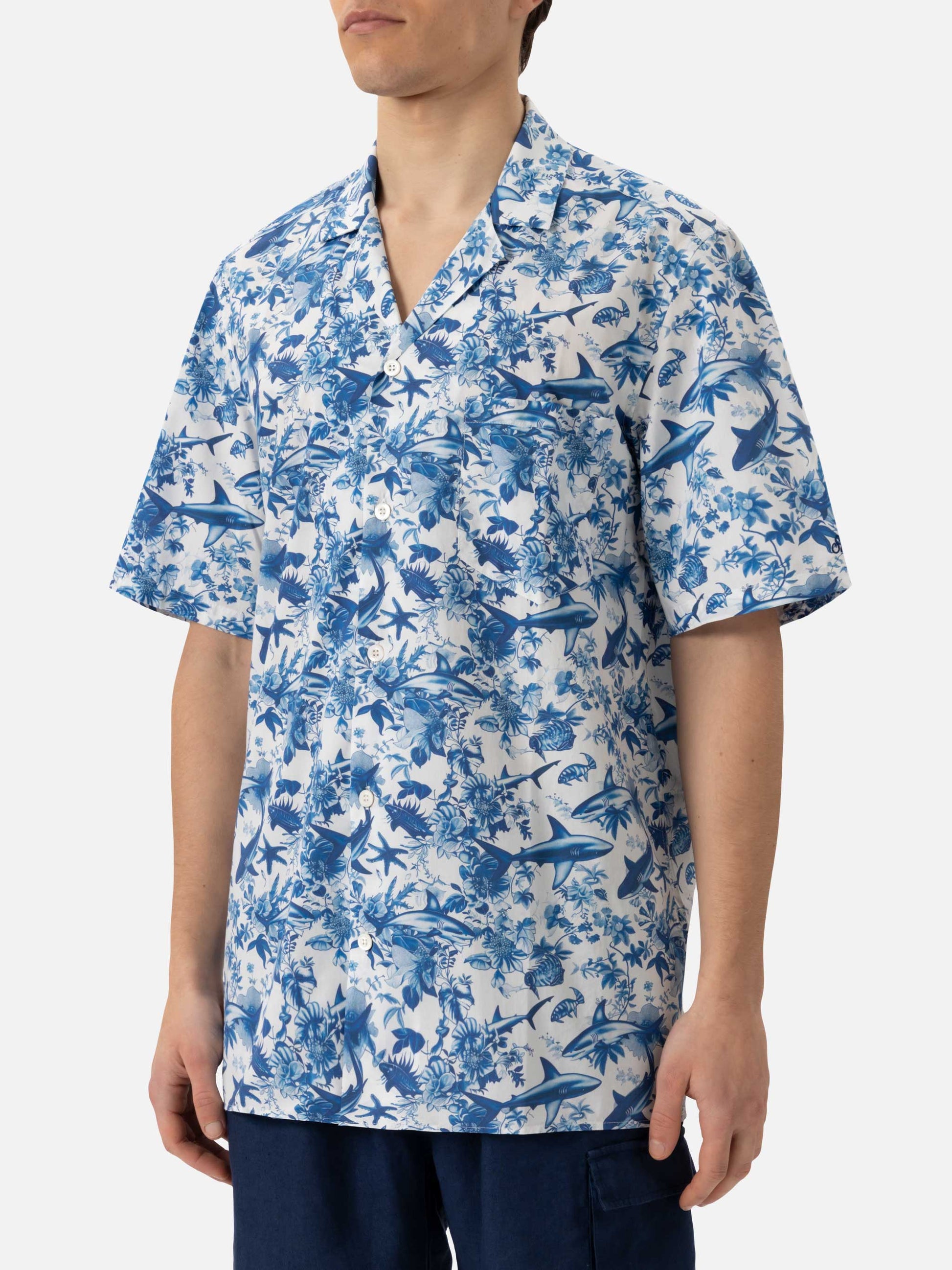 Kalea cotton shirt with shark print | AI CO-CREATED DESIGN BY RICKDICK - POWERED BY RED-EYE - MC2 Saint Barth