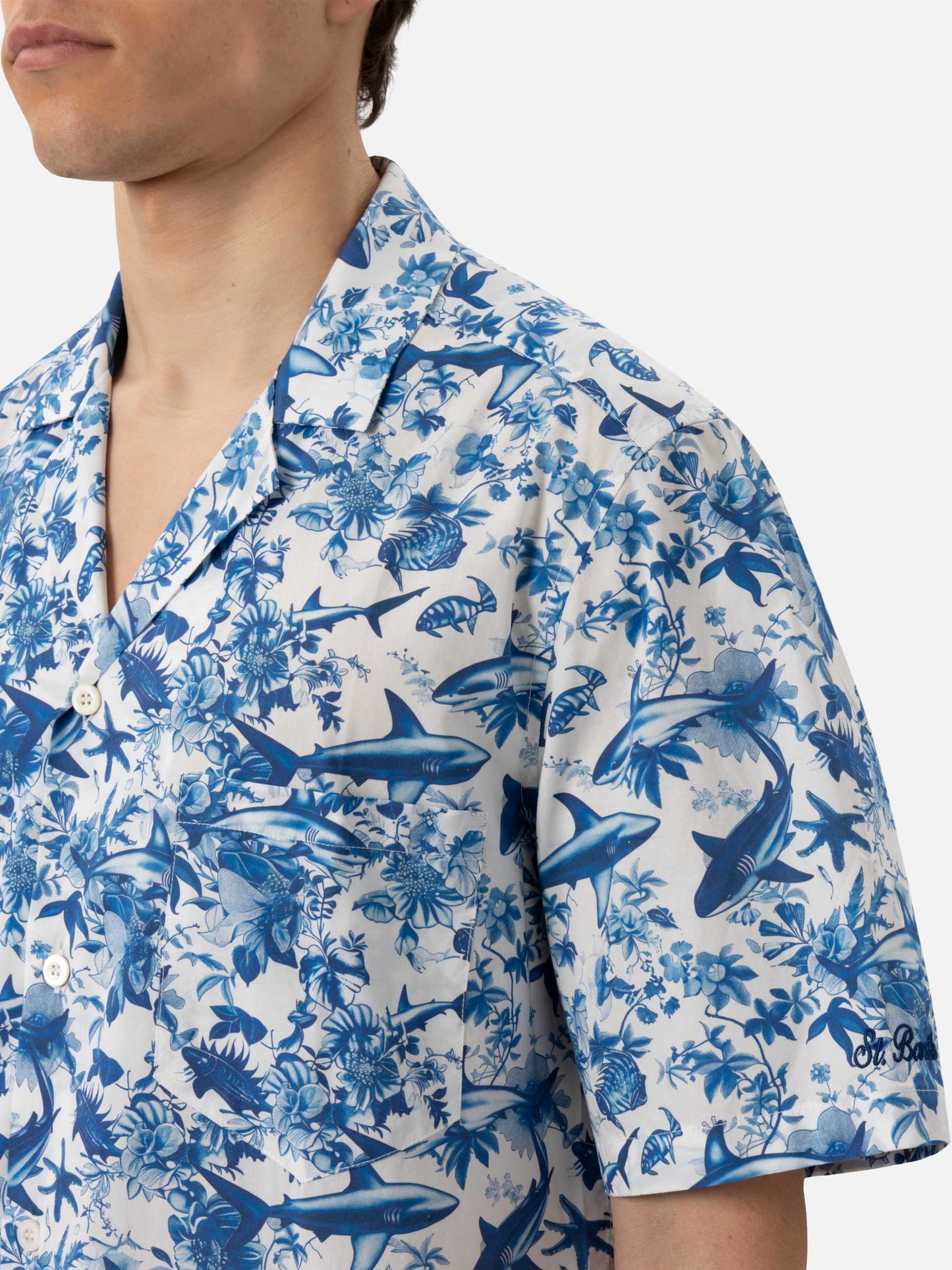 Kalea cotton shirt with shark print | AI CO-CREATED DESIGN BY RICKDICK - POWERED BY RED-EYE - MC2 Saint Barth