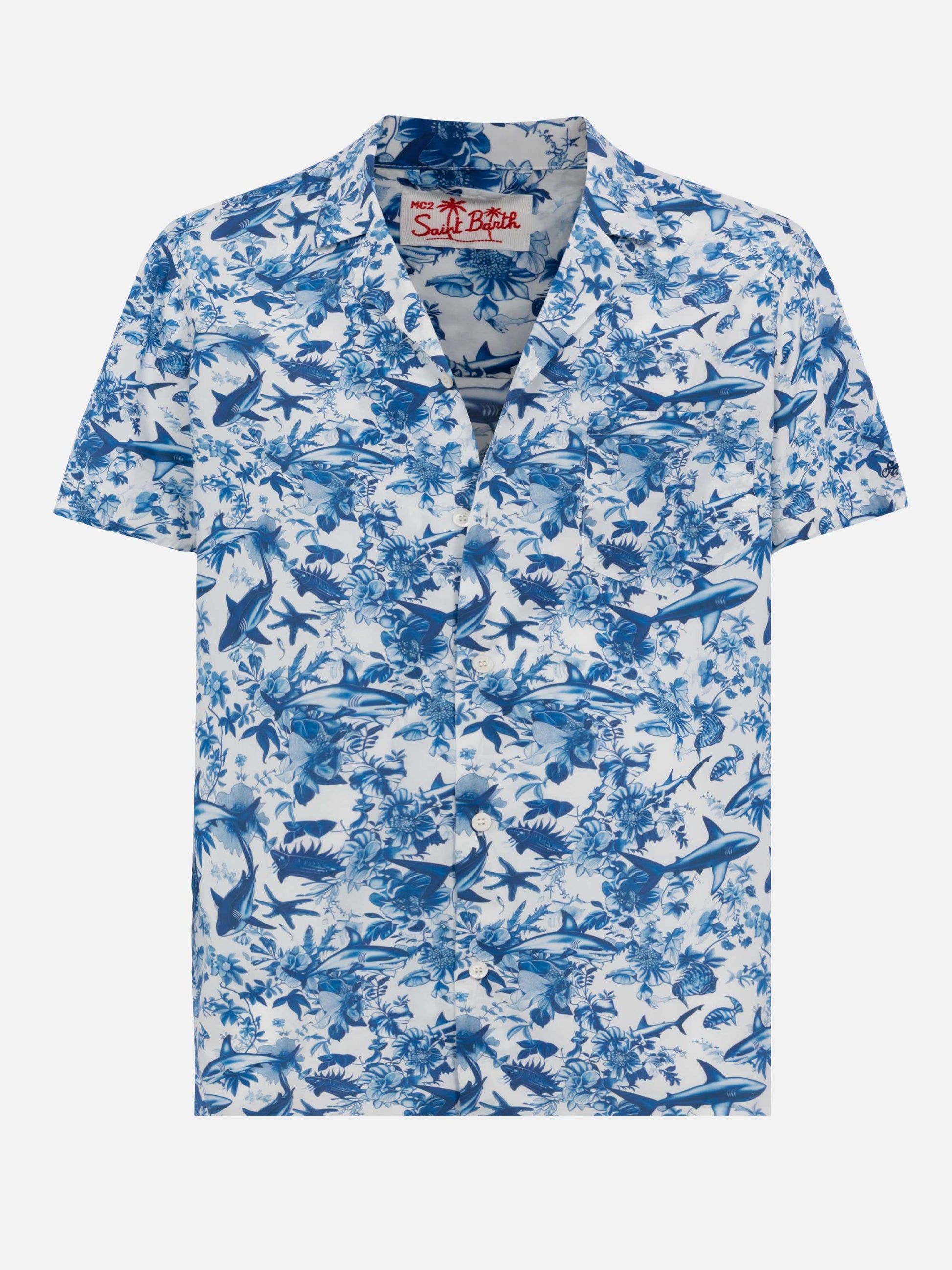 Kalea cotton shirt with shark print | AI CO-CREATED DESIGN BY RICKDICK - POWERED BY RED-EYE - MC2 Saint Barth