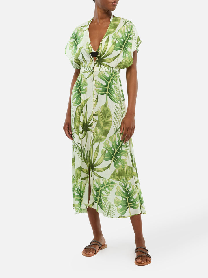 Langes Kleid mit tropischem Blätter-Print