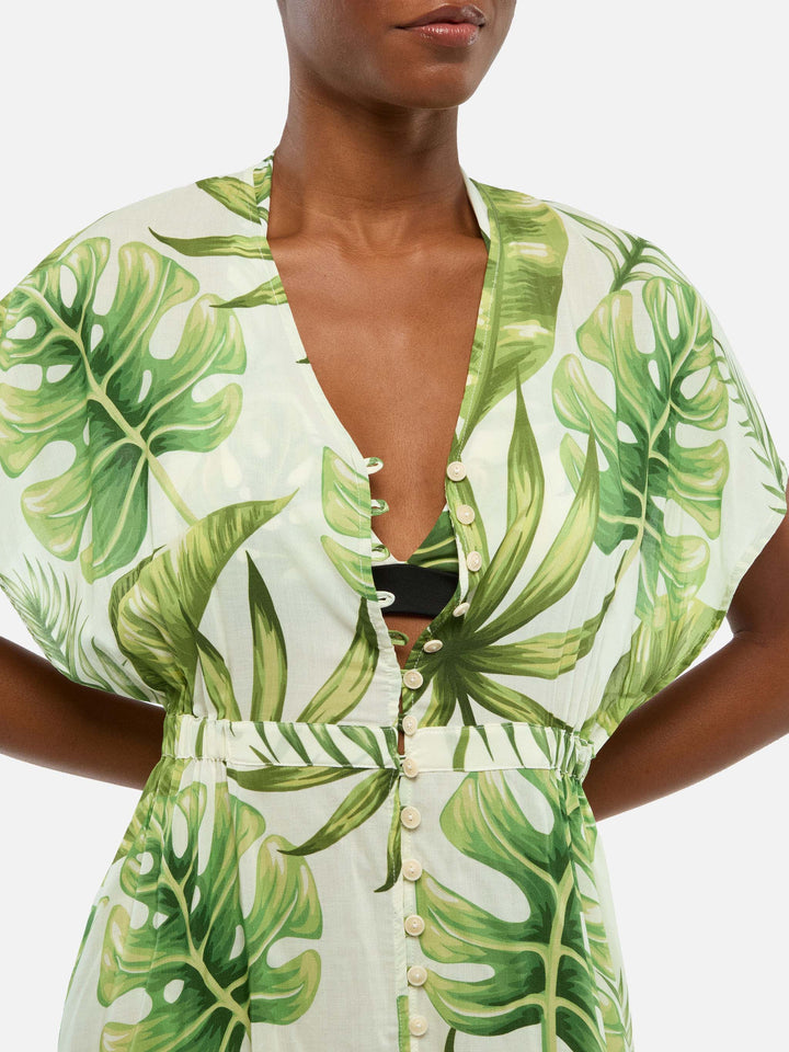 Langes Kleid mit tropischem Blätter-Print