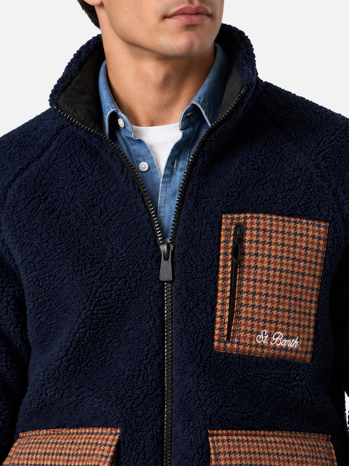 Veste en sherpa bleu Keystone avec poches plaquées à carreaux 