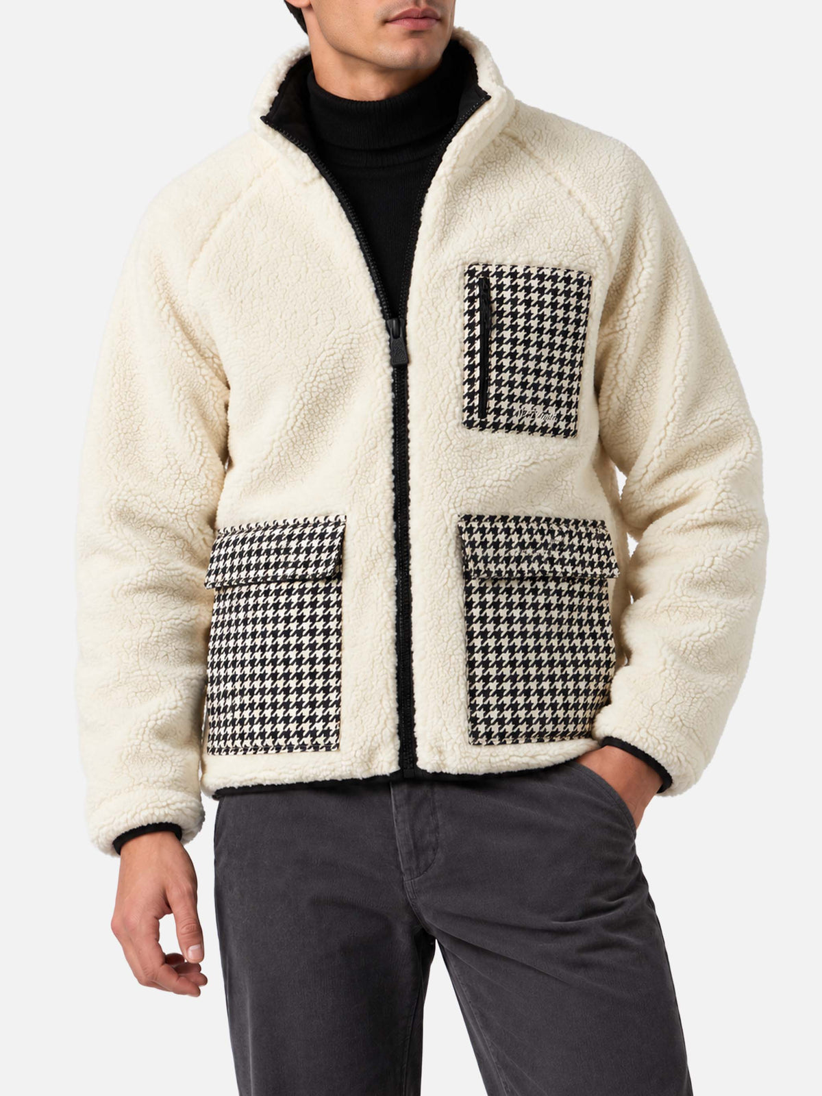 Giacca Keystone bianca in sherpa con tasche pied de poule