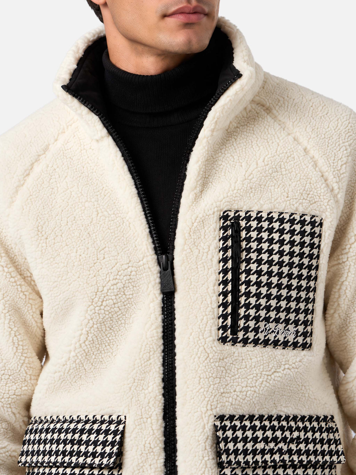 Giacca Keystone bianca in sherpa con tasche pied de poule