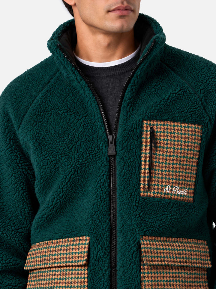 Chaqueta Keystone de sherpa verde con bolsillos de parche pied de poule 