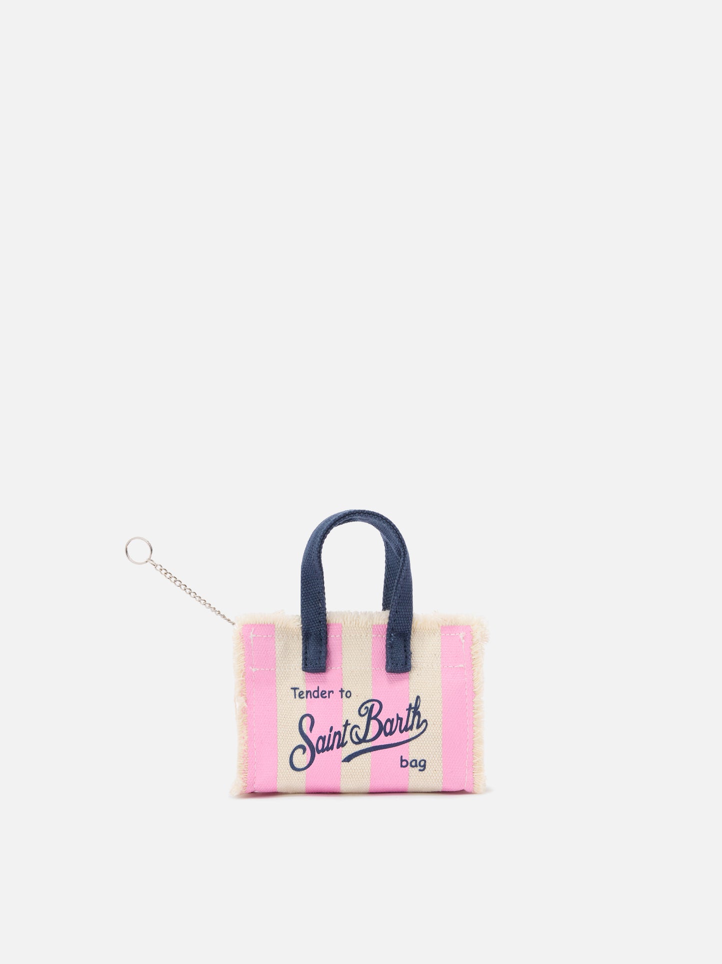 Keychain a forma di mini borsa in tessuto a righe con logo ricamato