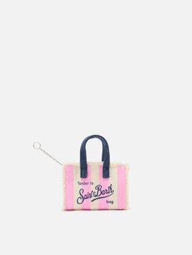 Keychain a forma di mini borsa in tessuto a righe con logo ricamato