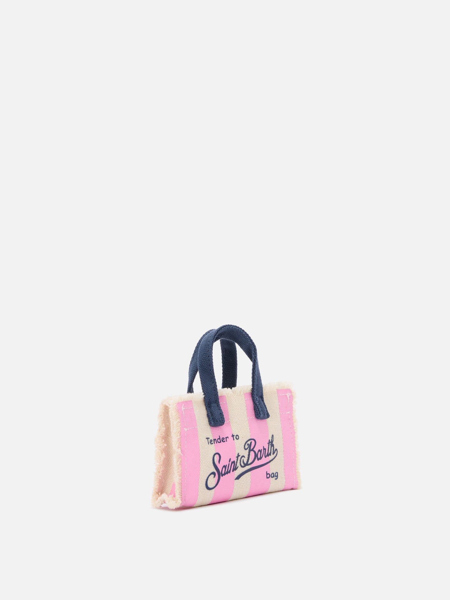 Keychain a forma di mini borsa in tessuto a righe con logo ricamato