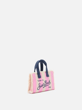 Keychain a forma di mini borsa in tessuto a righe con logo ricamato