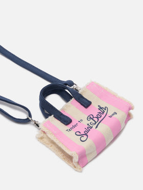 Keychain a forma di mini borsa in tessuto a righe con logo ricamato