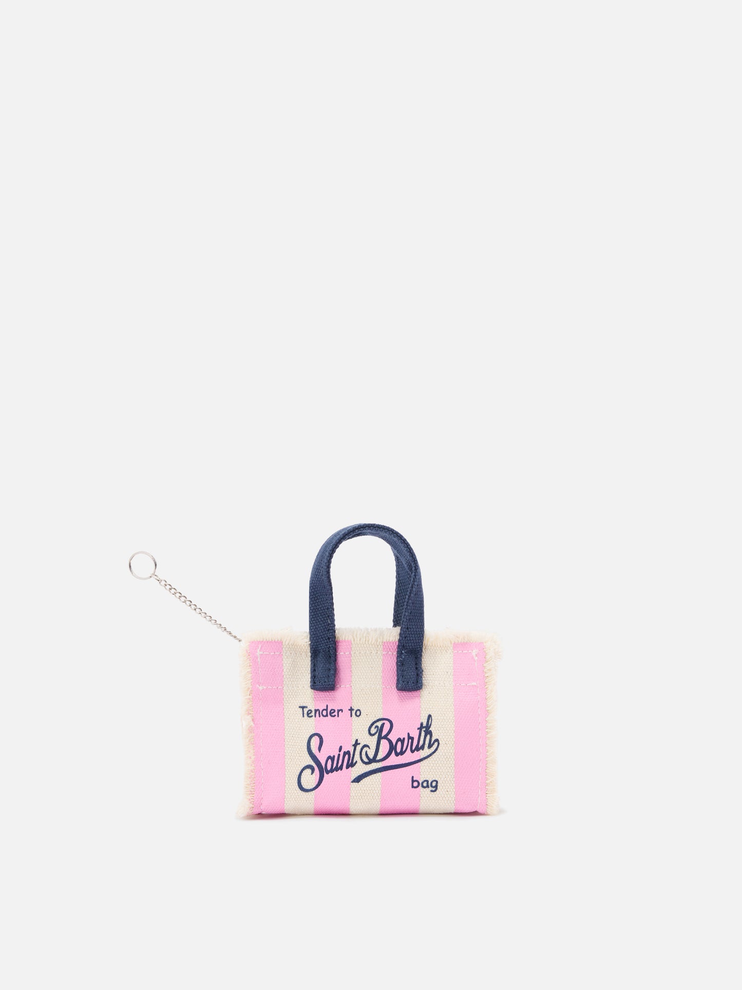 Keychain a forma di mini borsa in tessuto a righe con logo ricamato