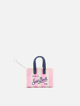 Keychain a forma di mini borsa in tessuto a righe con logo ricamato