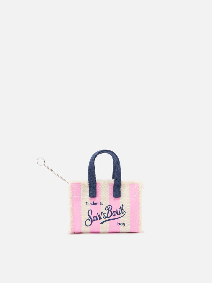 Porte-clés en forme de mini sac en tissu rayé avec logo brodé 