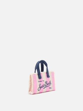 Keychain a forma di mini borsa in tessuto a righe con logo ricamato