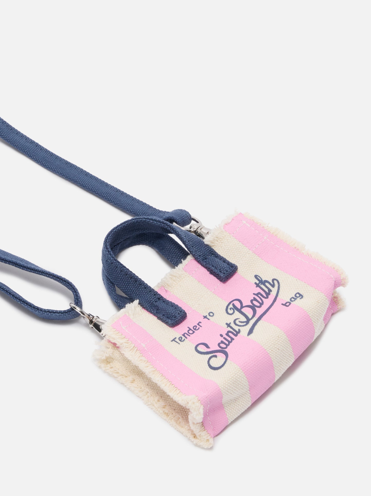 Keychain a forma di mini borsa in tessuto a righe con logo ricamato