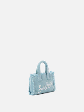 Light blue linen mini bag–shaped keychain with printed logo