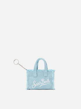 Keychain a forma di mini borsa in lino azzurro con logo stampato