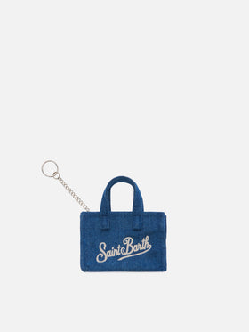 Keychain a forma di mini borsa in denim con logo stampato