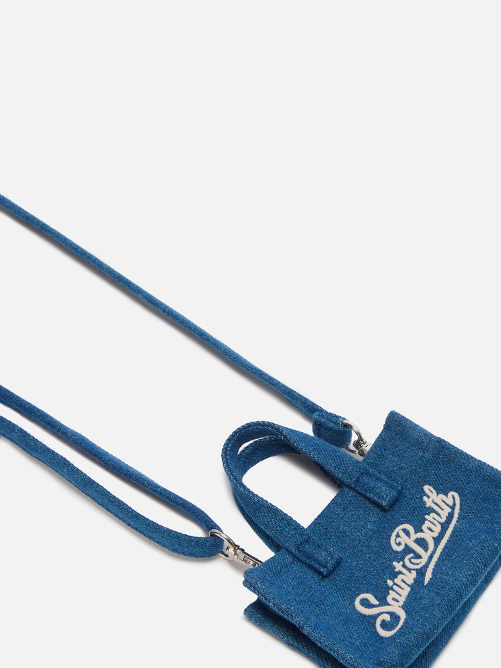Keychain a forma di mini borsa in denim con logo stampato