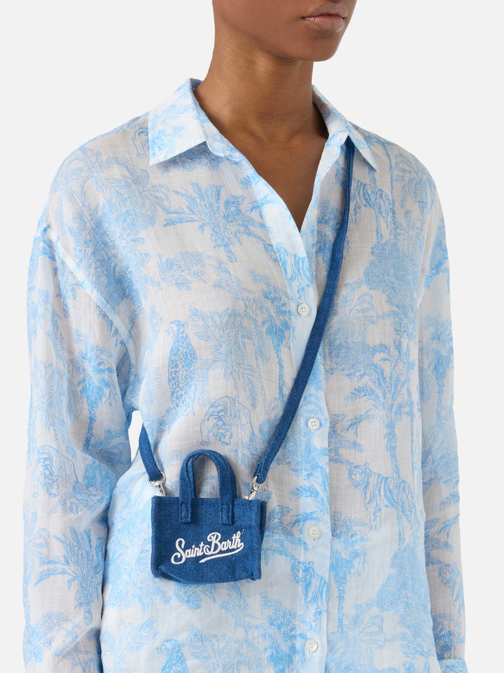 Denim-Schlüsselanhänger in Minibag-Form mit aufgedrucktem Logo 