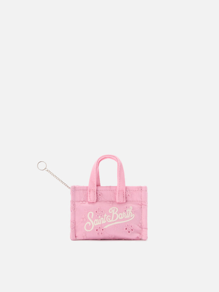 Keychain a forma di mini borsa in cotone sangallo con logo stampato