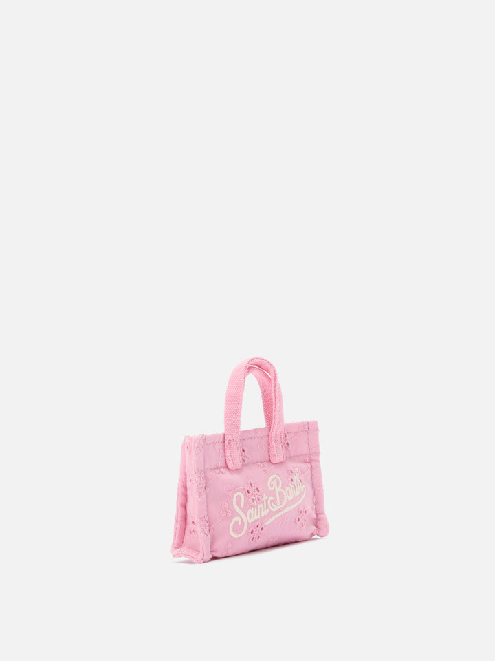 Keychain a forma di mini borsa in cotone sangallo con logo stampato