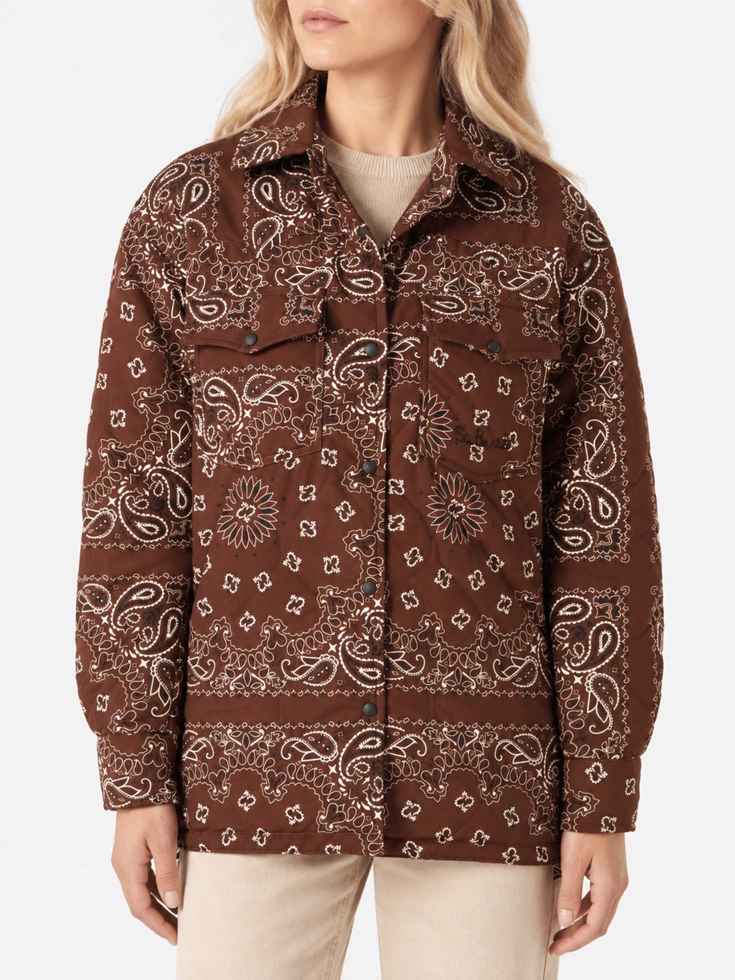 Brown Kimmy quilted jacket with bandana print