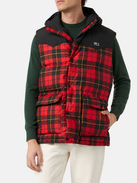 Red and black Klosters hooded vest with tartan pattern