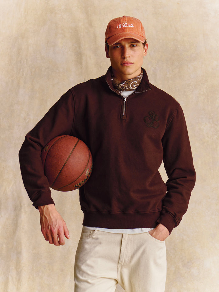 Felpa mezza zip in cotone Kenneth marrone con SB Legacy logo