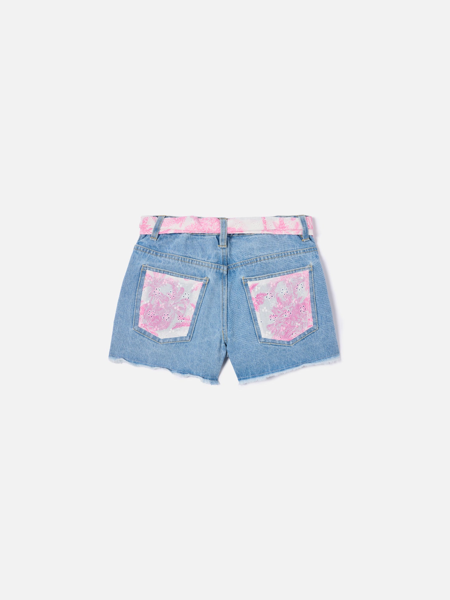 Short Kiko Jr in denim con dettagli in sangallo