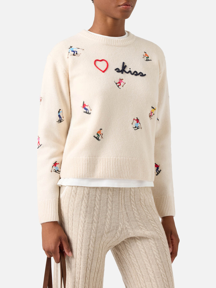 Jersey de punto de cuello redondo Kyla de lana Off white con bordado Skiss 