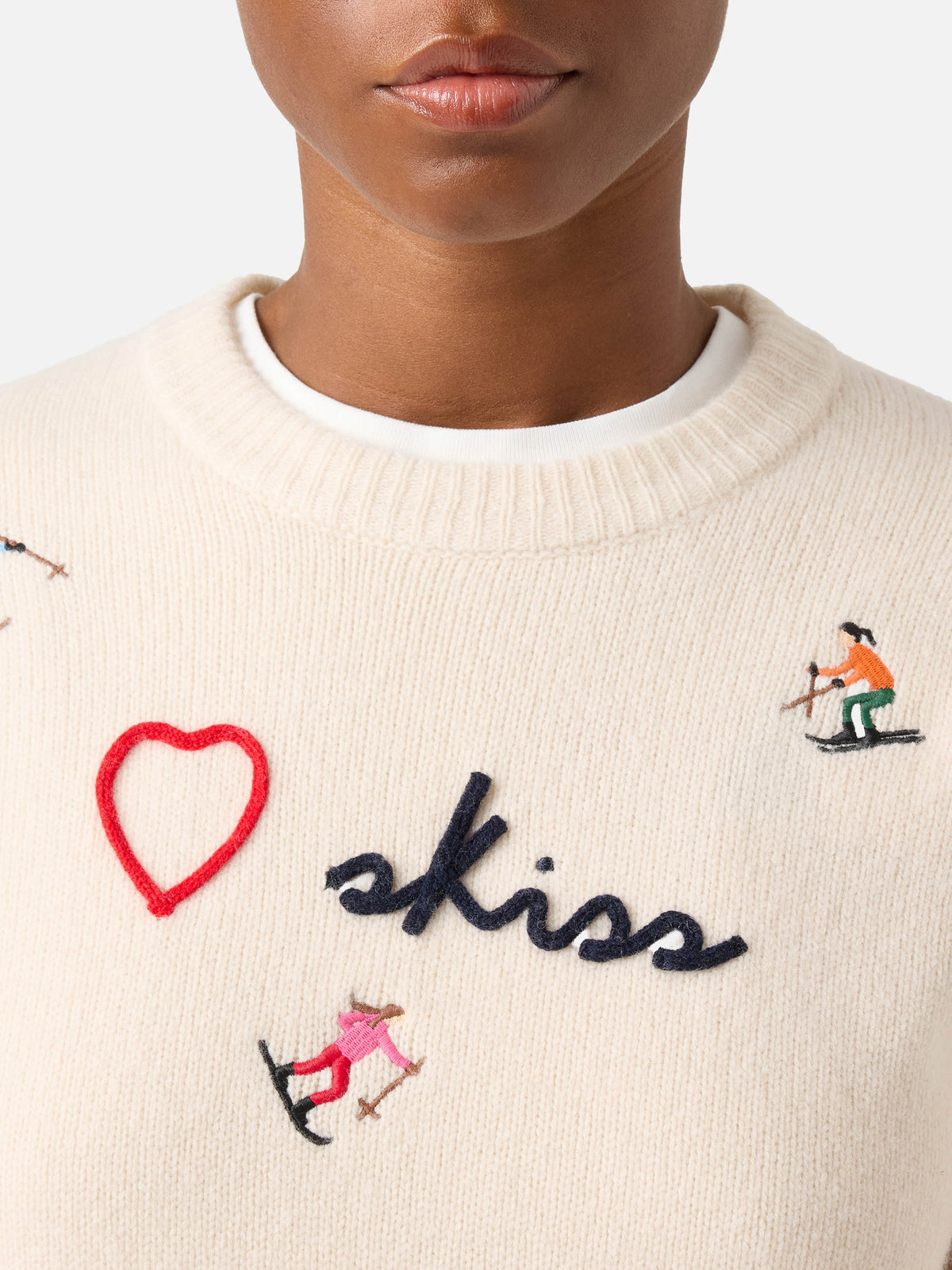 Jersey de punto de cuello redondo Kyla de lana Off white con bordado Skiss 