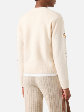 Jersey de punto de cuello redondo Kyla de lana Off white con bordado Skiss 
