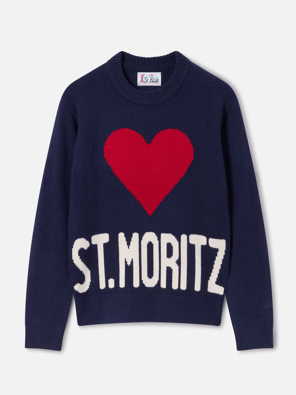 Pull col rond en maille mélange laine et cachemire Kyla Navy blue avec intarsia St. Moritz | Special edition 