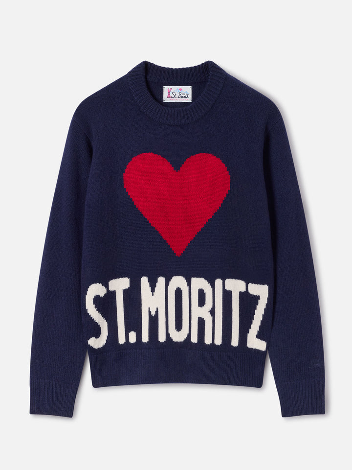 Jersey de punto de cuello redondo Kyla en mezcla de lana y cachemir Navy blue con intarsia St. Moritz | Special edition 