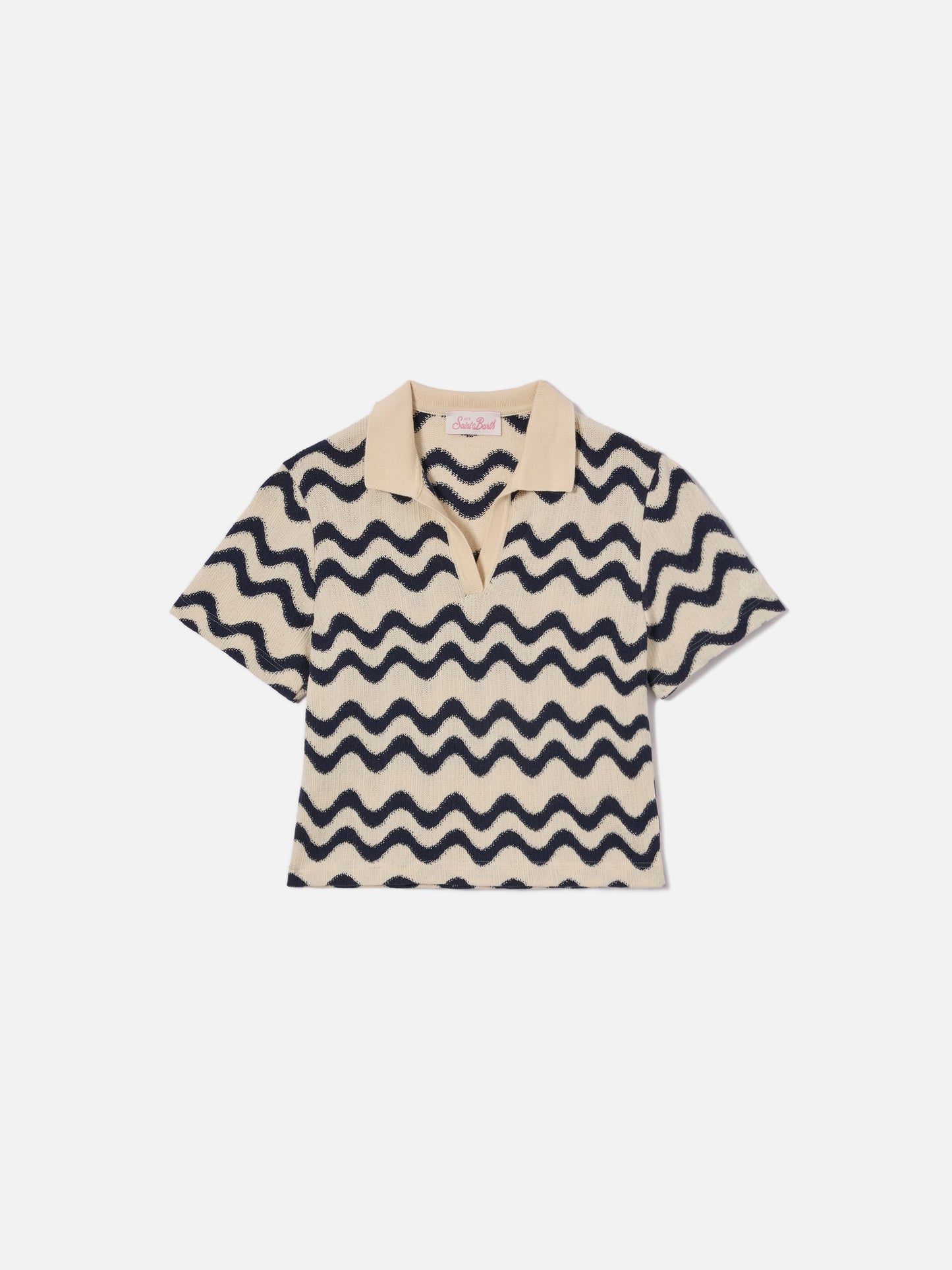 Lala Jr Polo in cotton blend knit with blue and ivory wave pattern