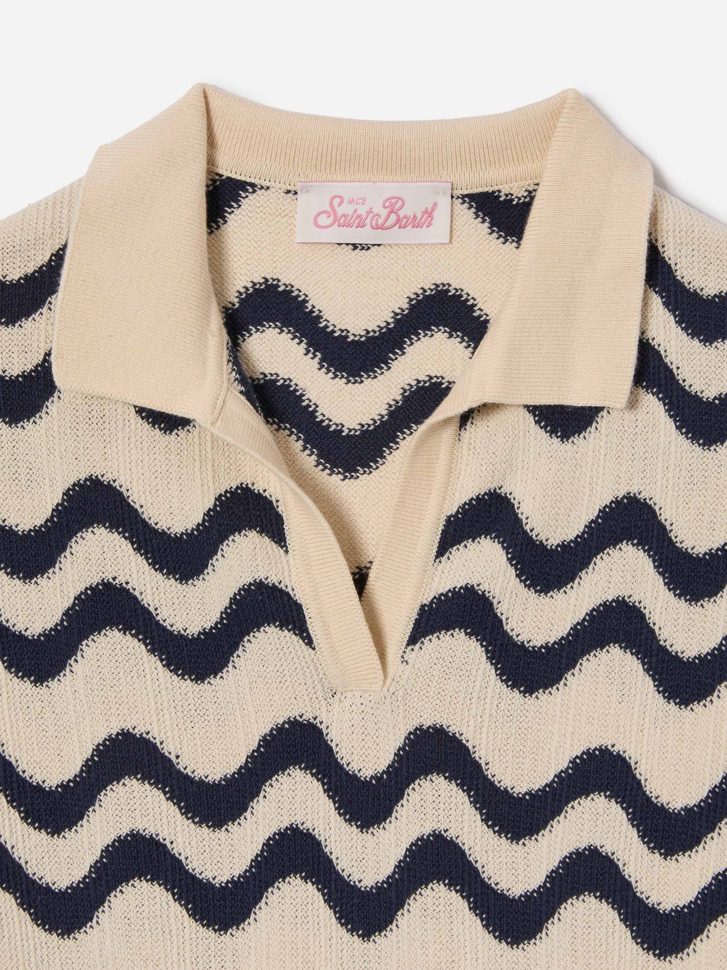 Polo Lala Jr de punto en mezcla de algodón con motivo de ondas en azul e marfil 