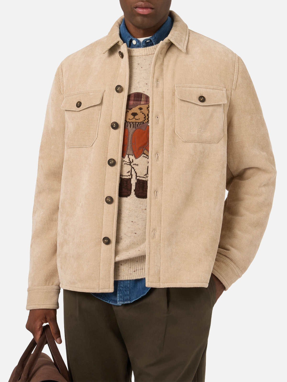 Surchemise en velours côtelé beige Landeck avec doublure teddy 